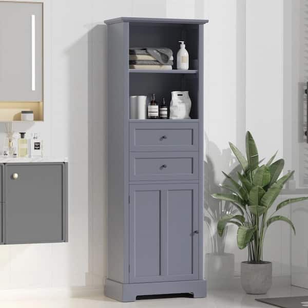 Unbranded 22.24 in. W x 11.81 in. D x 66.14 in. H Gray MDF Anti-Toppling Freestanding Bathroom Linen Cabinet with 2-Drawers