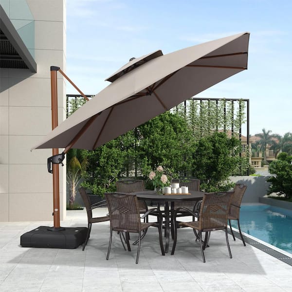 PURPLE LEAF 10 ft. Sunbrella Aluminum Square 360° Rotation Wood Pattern Cantilever Outdoor Patio Umbrella With Base, Gray