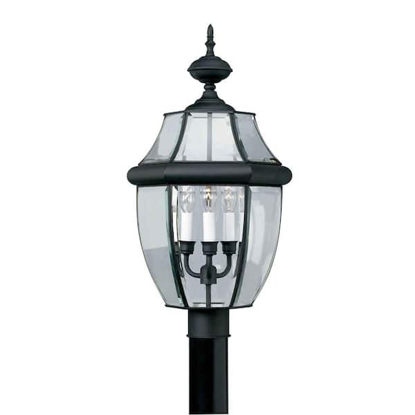 Forte Lighting 3-Light Black Outdoor Post Light with Clear Beveled Glass Panels