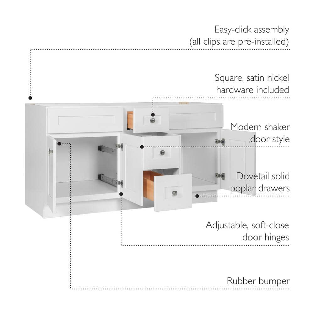 Brookings 60 Inch White Solid Wood Freestanding Bathroom Vanity
