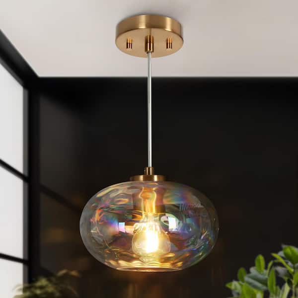 Chrysa Modern 1-Light Plated Brass Iridescent Glass Globe Pendant Light Kitchen Island Hanging Lantern with Clear Wire