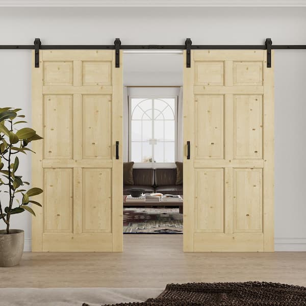 72 in. x 80 in. (Double 36 in. ) 6-Panel Unfinished Solid Core Pine Wood Sliding Barn Door with Hardware Kit
