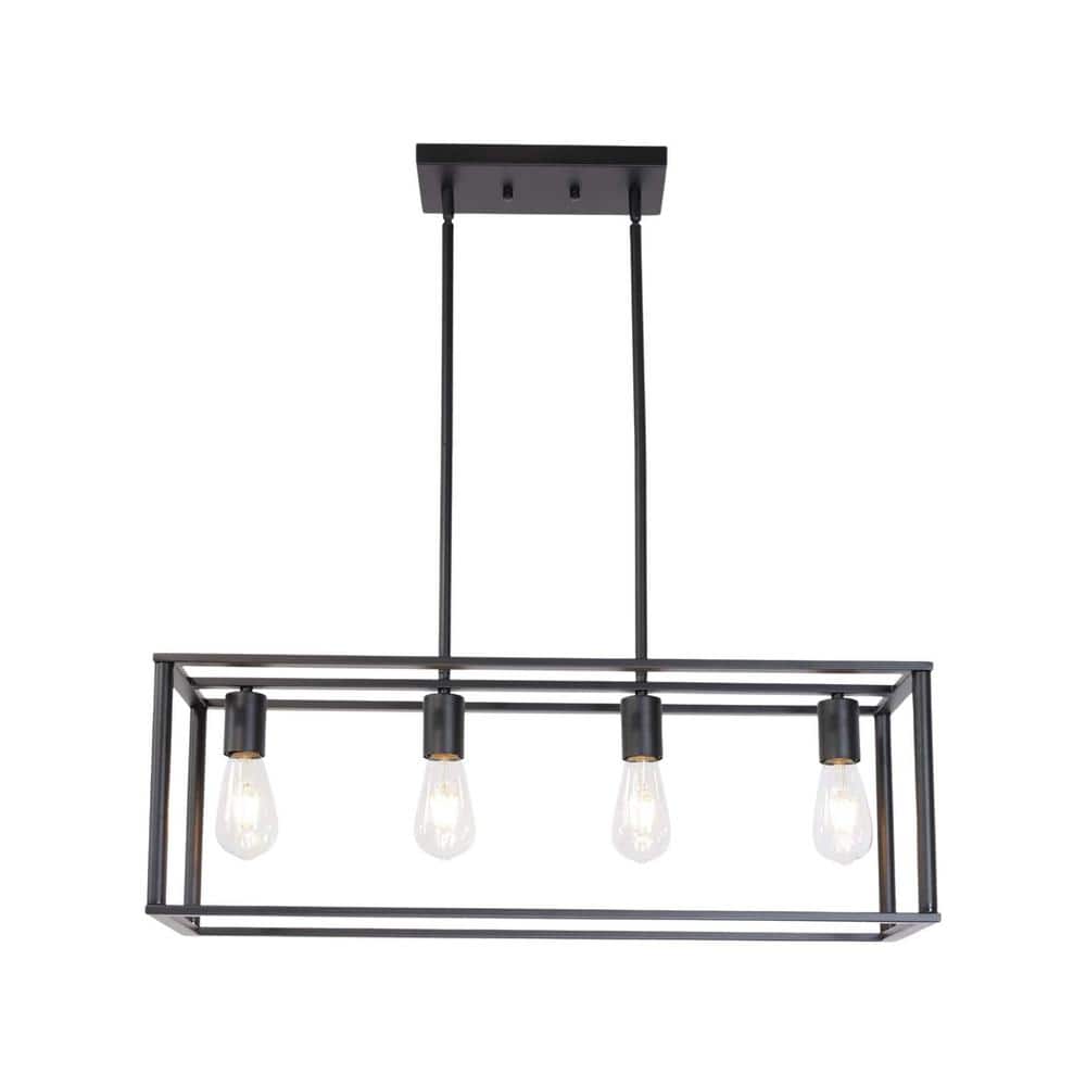 4-Light Industrial Vintage Integrated LED Rectangle Chandeliers Modern Blac