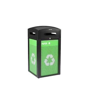 40 Gal. Steel Green All-Weather Vented Trash Can Commercial Outdoor Recycling Bin with Lid and Graphics Insert Liner