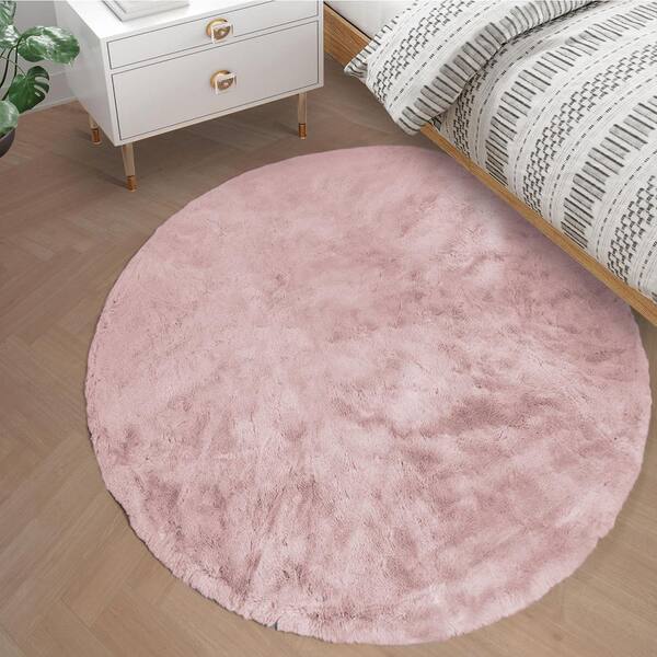Pink 4 ft. x 4 ft. Circle Rug Fluffy Faux Fur Rug Plush Fuzzy Rug Round Area Rug