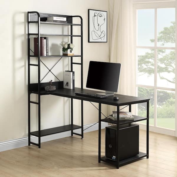 Merax 55 in. Rectangular Black Computer Desk with Solid Wood Material ...