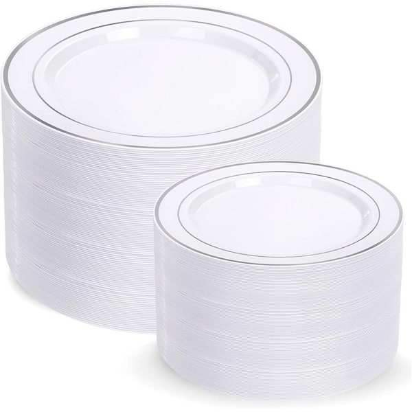 Silver Disposable Plastic Plates, 200-Piece (100-Dinner and 100-Dessert Plates)
