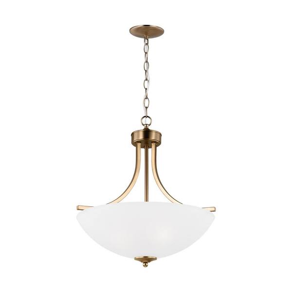 Generation Lighting - Geary Medium 3-Light Satin Brass Traditional Contemporary Shaded Pendant with Satin Etched Glass Shade