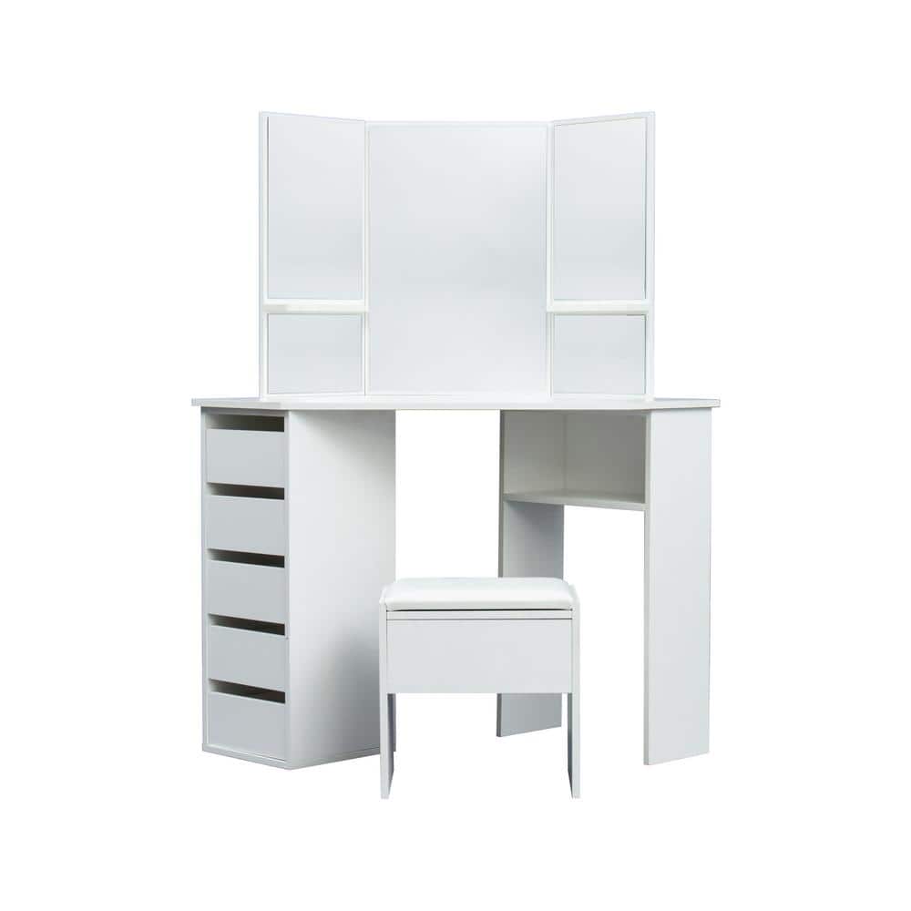 Corner arcuate Dresser Dressing Table with Five Drawers Dresser,White Mirrors and Three stools Dressing Table 
