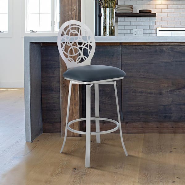 Armen Living Lotus Contemporary 30 in. Bar Height Bar Stool in Brushed Stainless Steel and Grey Faux Leather