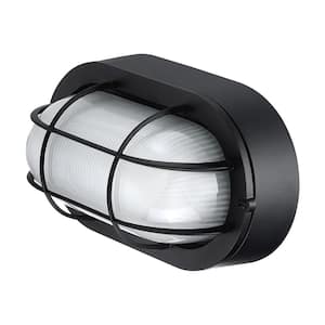 Ali Textured Black Outdoor bulkhead Wall Lantern Sconce with Ellipse Frosted Glass Shade