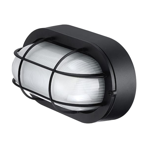 Hukoro Ali Textured Black Outdoor bulkhead Wall Lantern Sconce with Ellipse Frosted Glass Shade