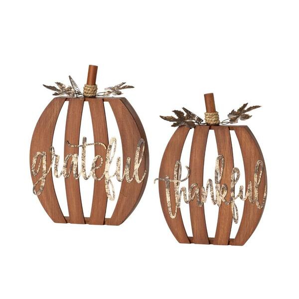 SULLIVANS Wooden Text Harvest Pumpkin Set of 2, Brown