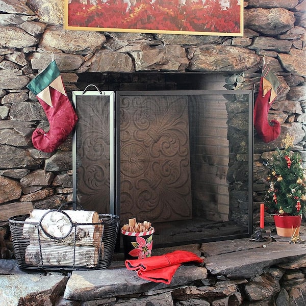 58 in. L Graphite 3-Panel Large Flat Top Twisted Rope Folding Fireplace Screen