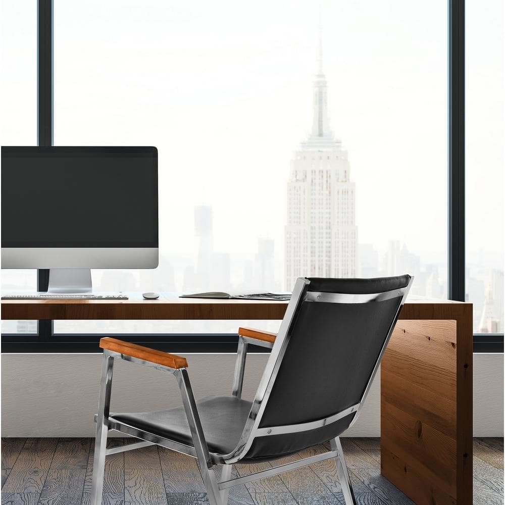 Black Vinyl and Metal Stackable Office Chair with Walnut Armrests