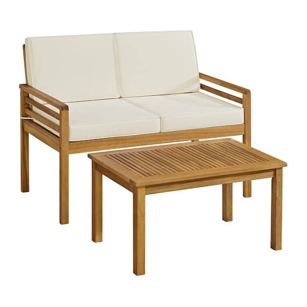 Okemo Acacia Wood Outdoor Patio Set w/2 Seater Couch and Coffee Table NaturalWood with Cream Cushions