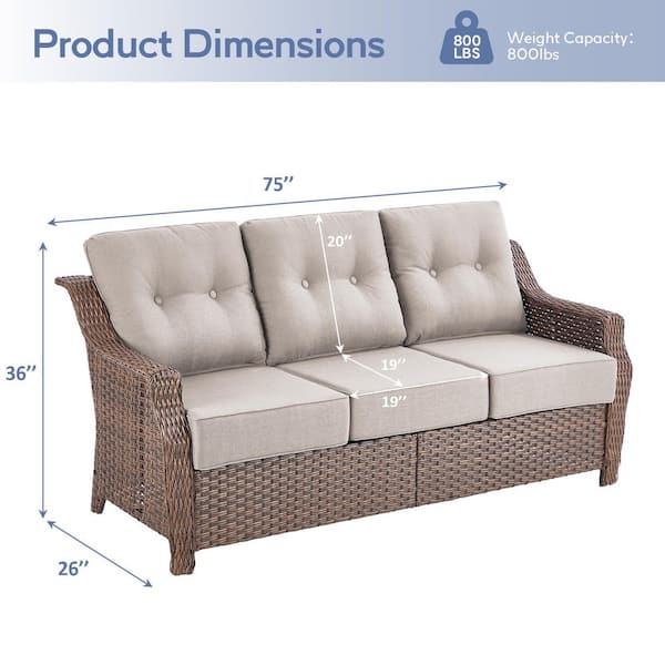 Modern Farmhouse 3-Seat Brown PE Wicker Outdoor Couch with 6 in. Olefin Beige Cushions/Wide Armrest