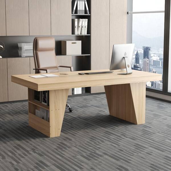 FUFU&GAGA 78.7 in. W Rectangular Natural Wood Computer Desk with Storage Shelves, Office Desk for Commercial and Meeting