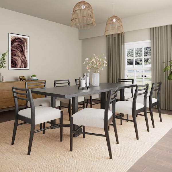 Valenro 9-piece Dining Set with Cushioned Seats, Ladder Back, Rubberwood, Black and Beige