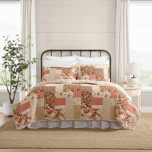 Laura Ashley Harrietta Patchwork 3-Piece Rosewood/Gold 100% Cotton Reversible King Quilt Set