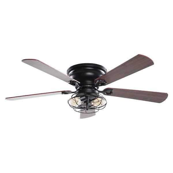 Parrot Uncle 48 In Wooden 5 Blade Flush Mount Matte Black Ceiling Fan With Remote Control And Light Kit F6233110v The