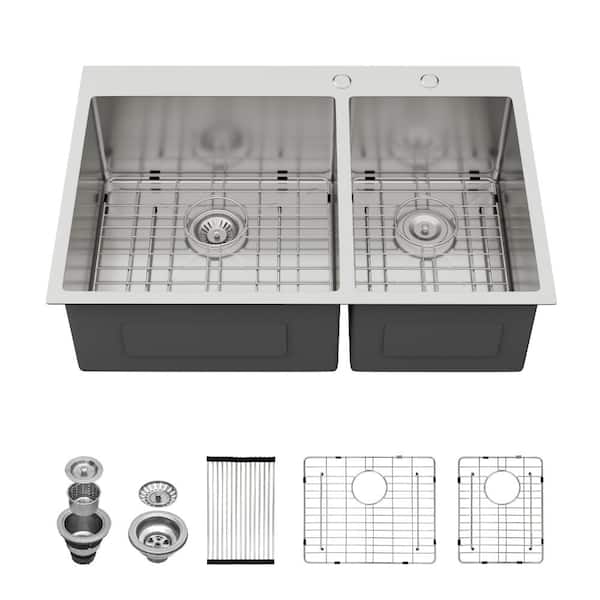 33 in. Drop-In 60/40 Double Bowl Kitchen Sink in Brushed Nickel 16 Gauge Stainless Steel with Bottom Grid/Accessories