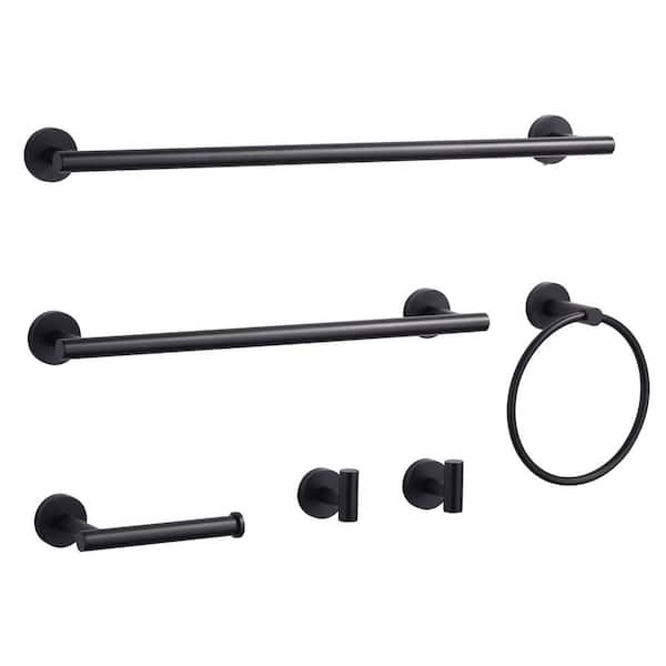 Wall Mounted 6-Piece Bath Hardware Set with Towel Ring, Toilet Paper Holder, Towel hook and Towel Bar in Matte Black