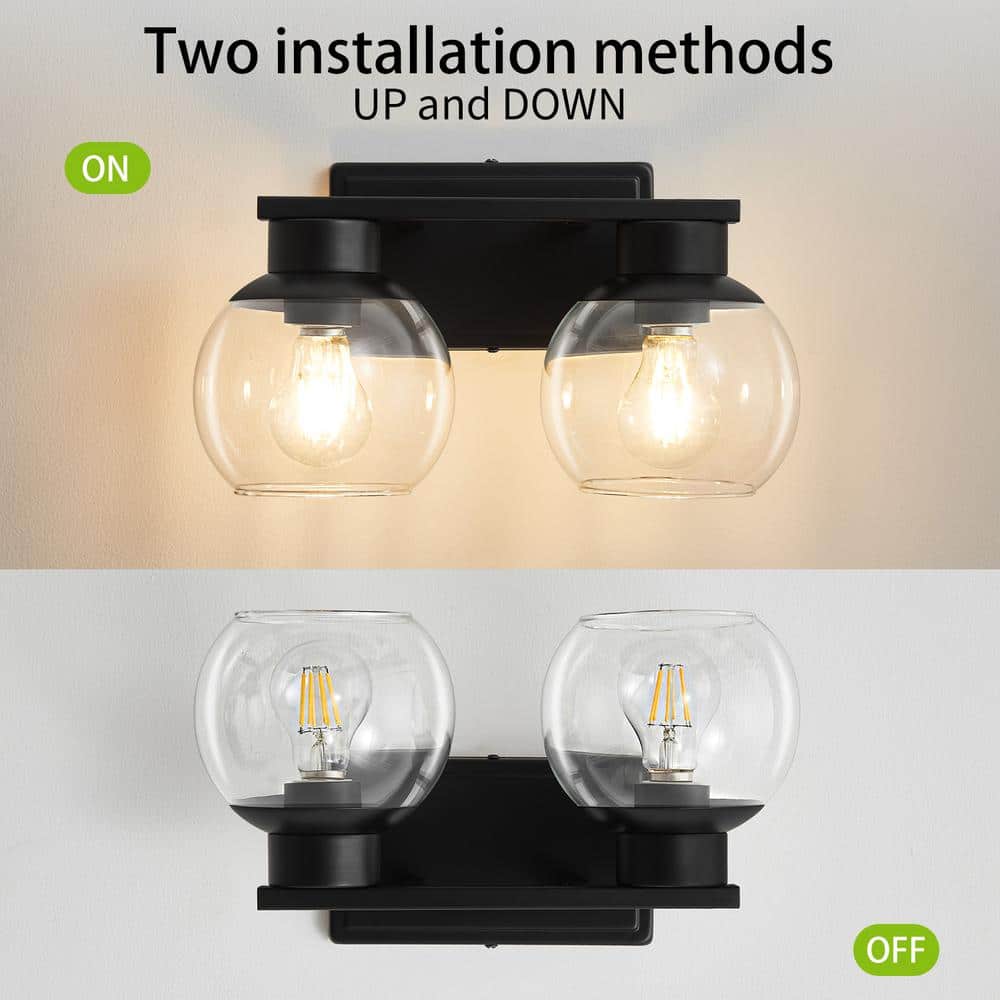 Black Metal 2-Light Bathroom Vanity Fixture with Clear Glass Shades