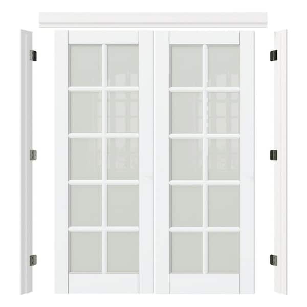 64 in. x 80 in. Universal 10 Lite Frosted Glass White Primed Pine Wood Pre-hung French Door with Quick Assemble Jamb
