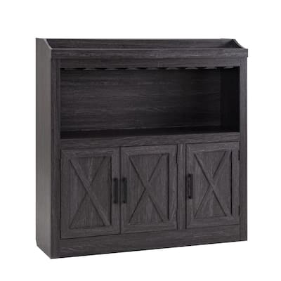 Home Source Charcoal Bar Cabinet with Stem Glass Placement and Wooden Doors