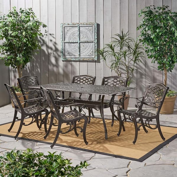 7-Piece Metal Outdoor Dining Set with Rectangular Table, Bronze