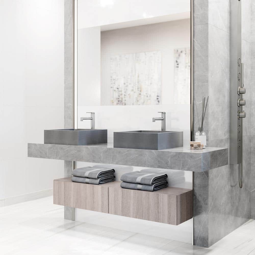 Gray Concrete Square Vessel Sink with Chrome Faucet
