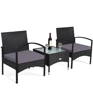 3 -Piece Patio Wicker Rattan Furniture Set Coffee Table and 2 Rattan Chair with Cushion in Gray