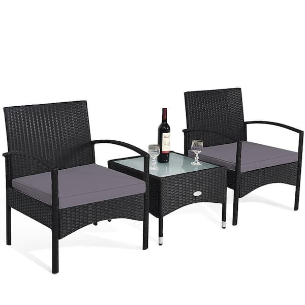 Costway 3 -Piece Patio Wicker Rattan Furniture Set Coffee Table and 2 Rattan Chair with Cushion in Gray