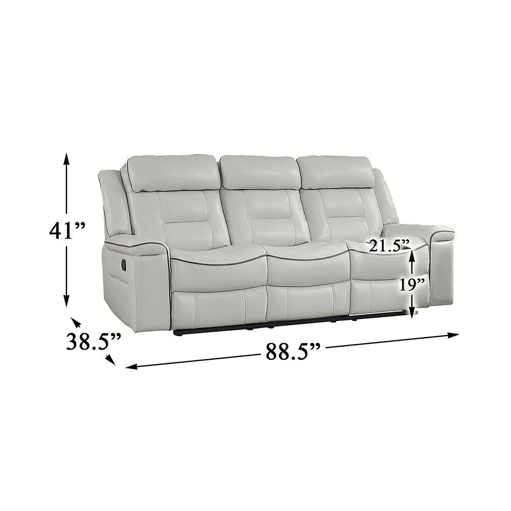 Modern Light Gray Faux Leather 88.5" Reclining Sofa with Wood Accents