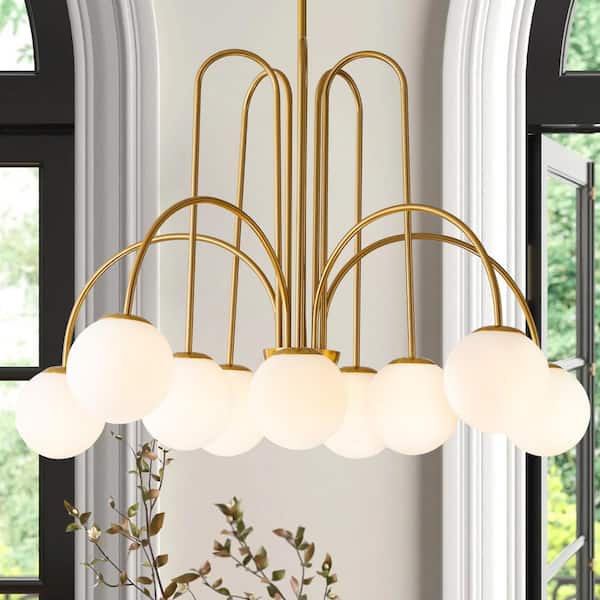 RRTYO Erik 10-Light Gold Unique Modern Elbow Chandelier with Milky White Glass Shades