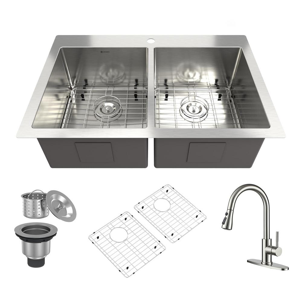 33 in. Drop-In Double Bowl Stainless Steel Kitchen Sink with Pull-Down Fauc