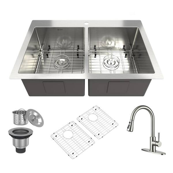 Boyel Living 33 in. Drop-In Double Bowl Stainless Steel Kitchen Sink with Pull-Down Faucet, Bottom Grid, Strainer Basket, Drain Cap