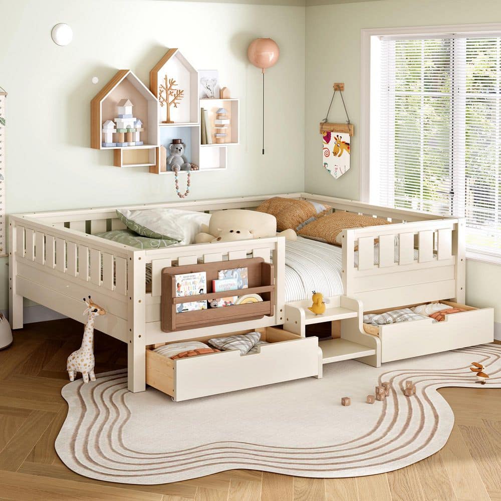 Beige Queen Platform Bed with Safety Staircase and Rails, Built-in Bookshelves and 2-Drawers
