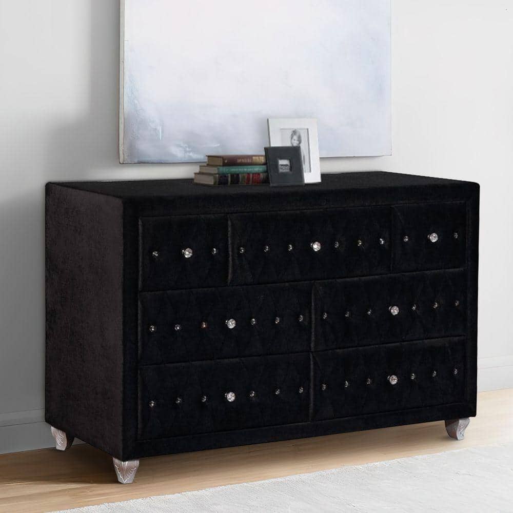 Black Velvet Upholstered Dresser with Crystal Tufted Drawers