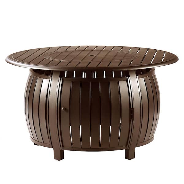 Oakland Living 44 in. x 44 in. Brown Round Aluminum Propane Fire Pit Table with Glass Beads, 2 Covers, Lid, 55,000 BTUs