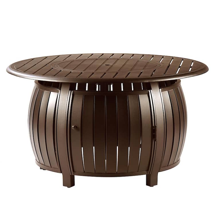 Oakland Living 44 in. x 44 in. Brown Round Aluminum Propane Fire Pit Table with Glass Beads, 2 Covers, Lid, 55,000 BTUs