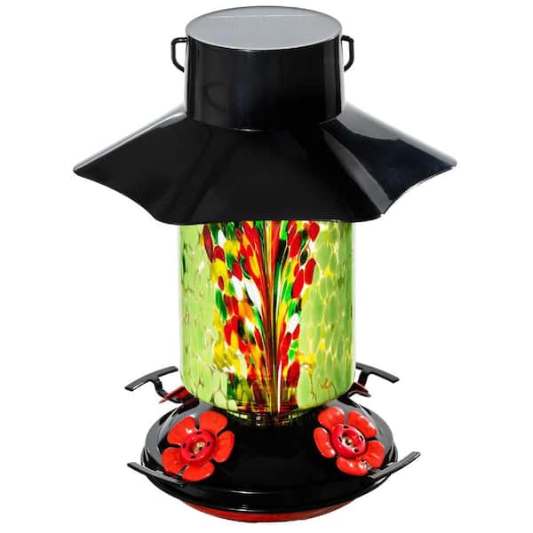 Misopily Green Floral Color Glass, Plastic, Metal Bird Feeder Solar Hummingbird Feeder, 28 oz. Hand Blown Glass Lantern Feeder