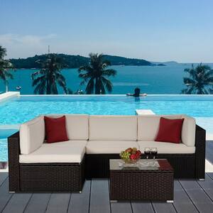 Brown 5-Piece PE Wicker Patio Conversation Sectional Set with Beige Cushions and Red Pillows Outdoor Furniture Sets