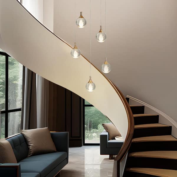 Dsenlupor 5-Light Integrated LED Brass Island Chandelier with Crystal Balls for Staircase, Foyer, Living Room