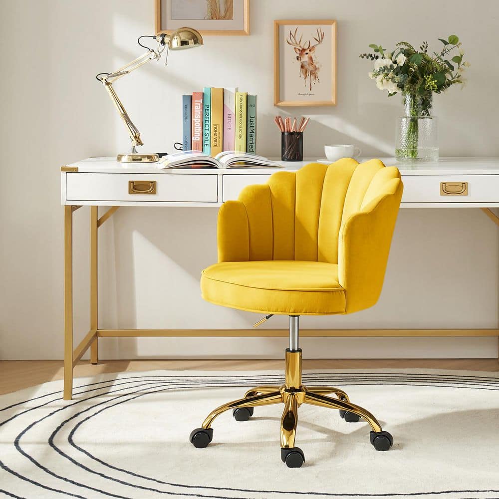 JAYDEN CREATION Rebeca Yellow Swivel Velvet Task Chair with Tufted