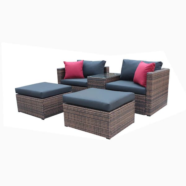 Cisvio 5-Pieces Wicker Outdoor Patio Garden Brown Sectional Conversation Sofa Set with Black Cushions and Red Pillows