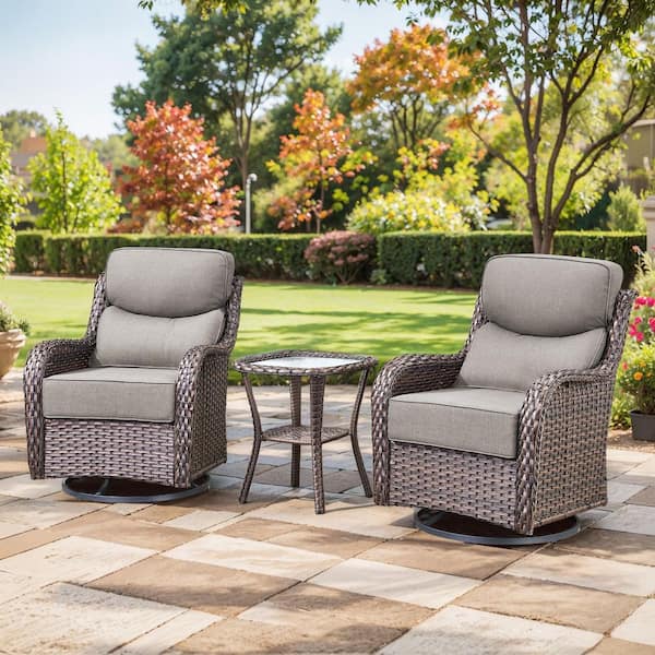 Carolina 3-Piece Brown Outdoor Swivel Chair Set of Small side Table, Outdoor Swivel Chair Set for Garden Backyard, Gray