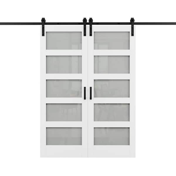 EH PUERTA 60 in. x 84 in. 5-Lite with Frosted Glass White MDF Pre-Drilled Sliding Barn Door with Hardware Kit Soft Close Include
