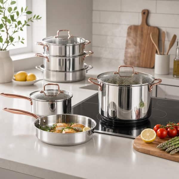 Numhew Gold 21 Piece Stainless Steel Cookware Set, Tri-Ply Fully